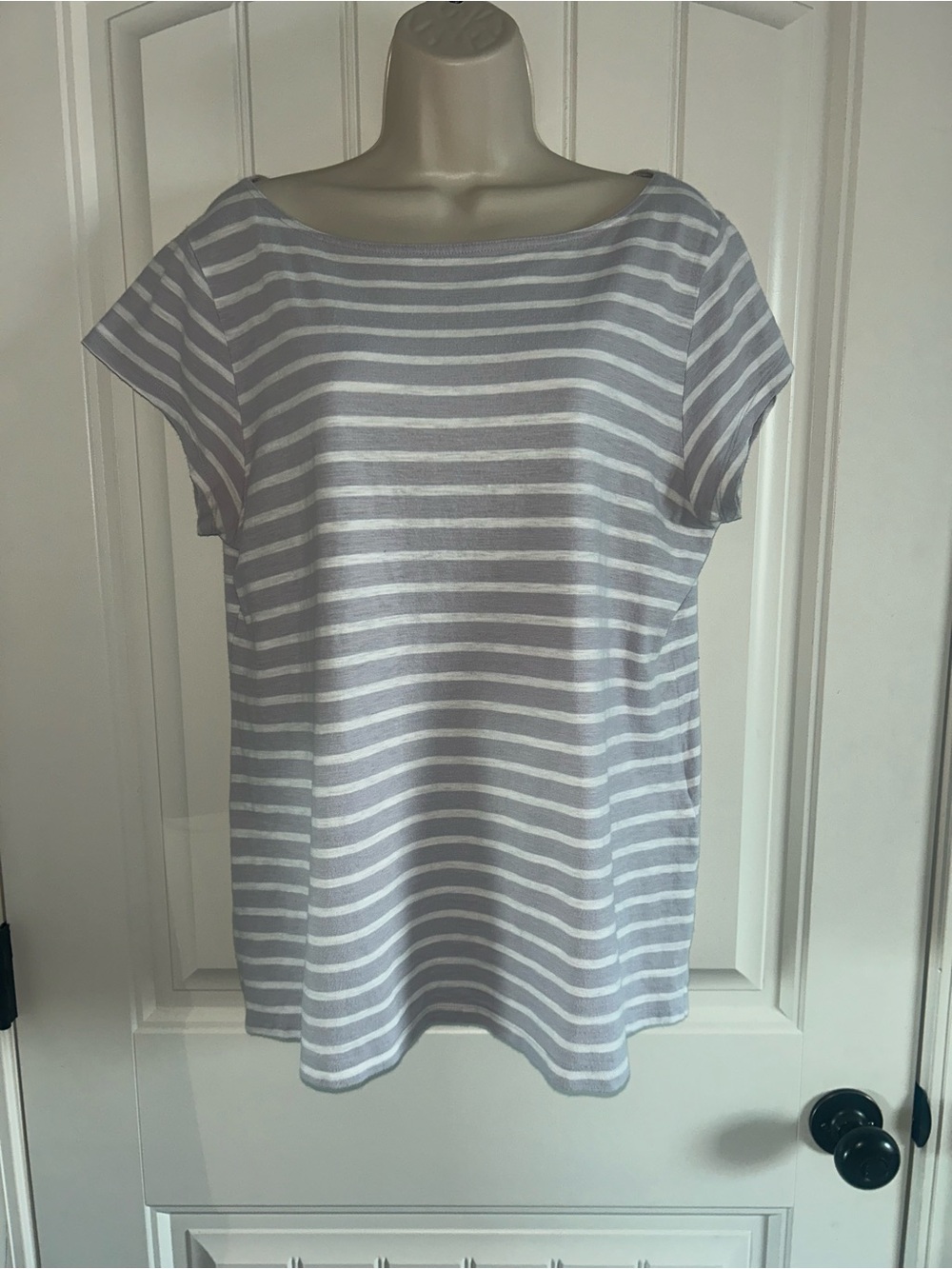 NEW Eileen Fisher Gray and White Striped Boatneck Tee Sz L 100% Organic Cotton